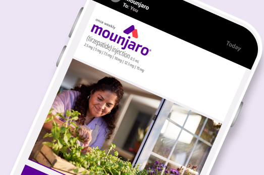 Smartphone screen displaying an email with Mounjaro logo and photo of a woman gardening